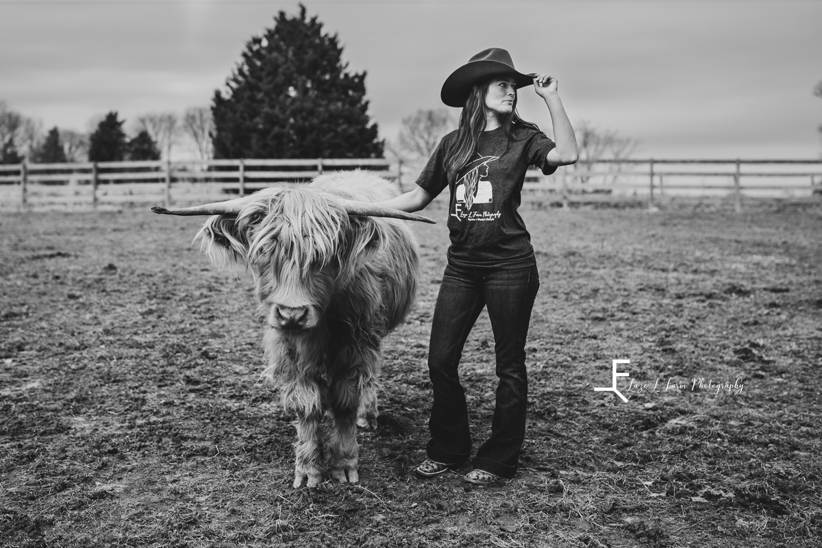 Laze L Farm Photography | Dream Catcher Farm | Hamptonville NC | black and white standing with her scottish highlander