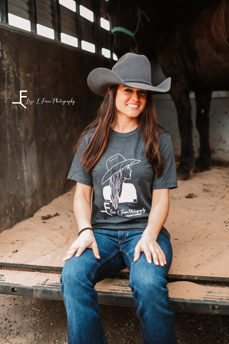 Laze L Farm Photography | Dream Catcher Farm | Hamptonville NC | sitting on a trailer modeling t shirt