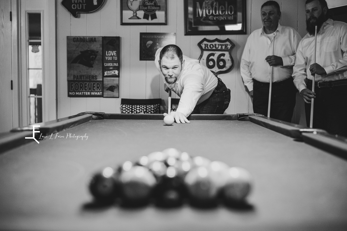 Laze L Farm Photography | Wedding | Legacy Stables - Winston Salem NC | black and white of the boys playing pool