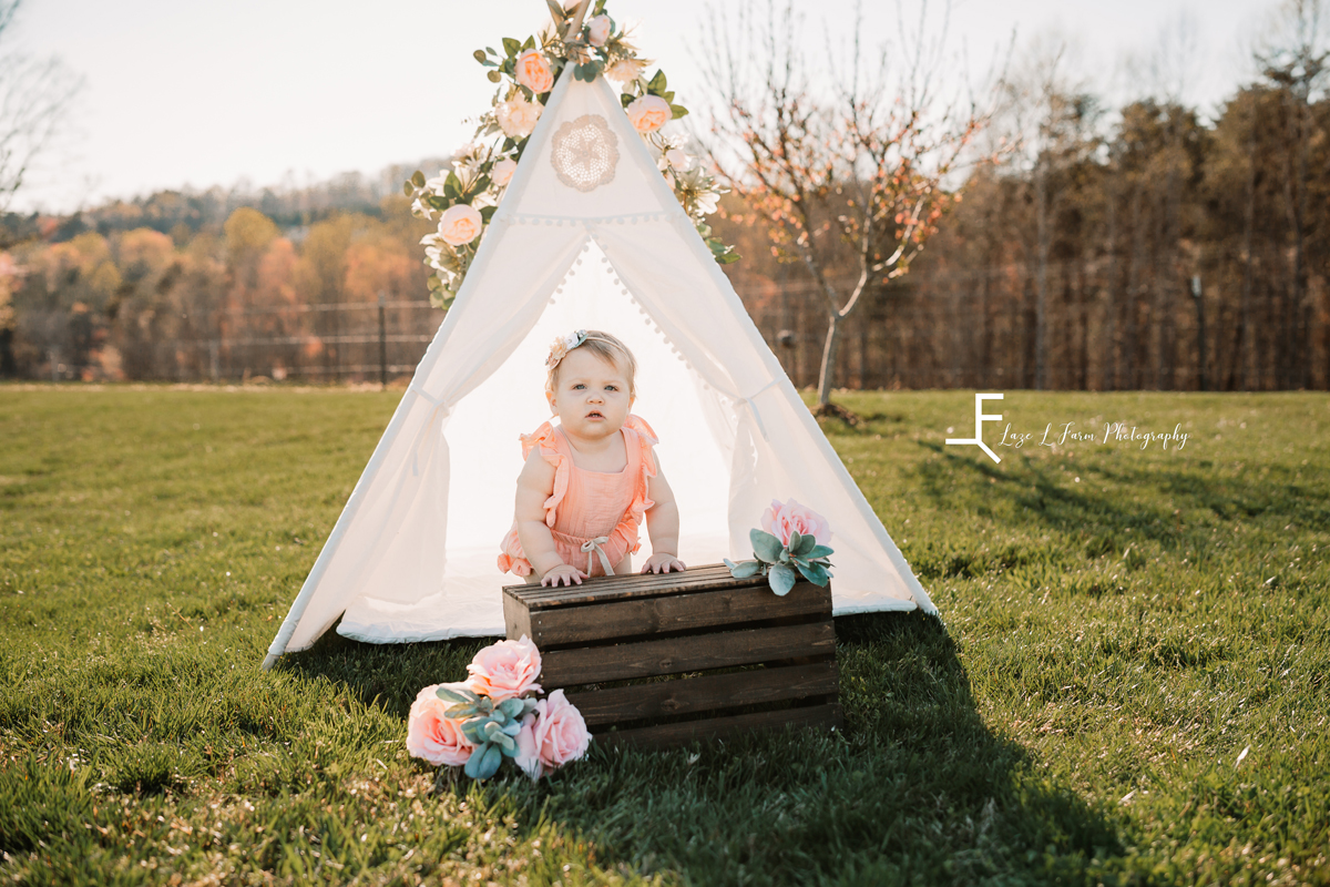 Laze L Farm Photography | Little Cowgirl | Taylorsville NC | standing in the teepee