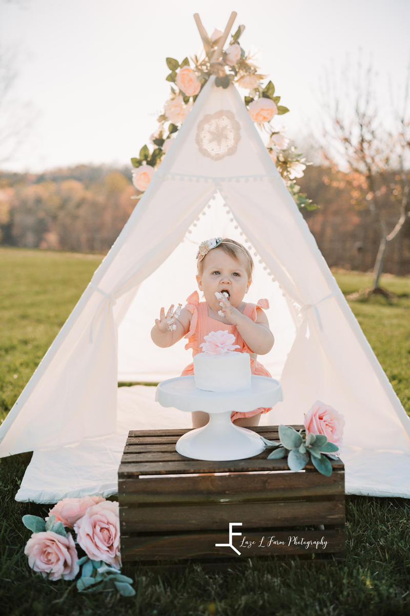 Laze L Farm Photography | Little Cowgirl | Taylorsville NC | baby eating cake