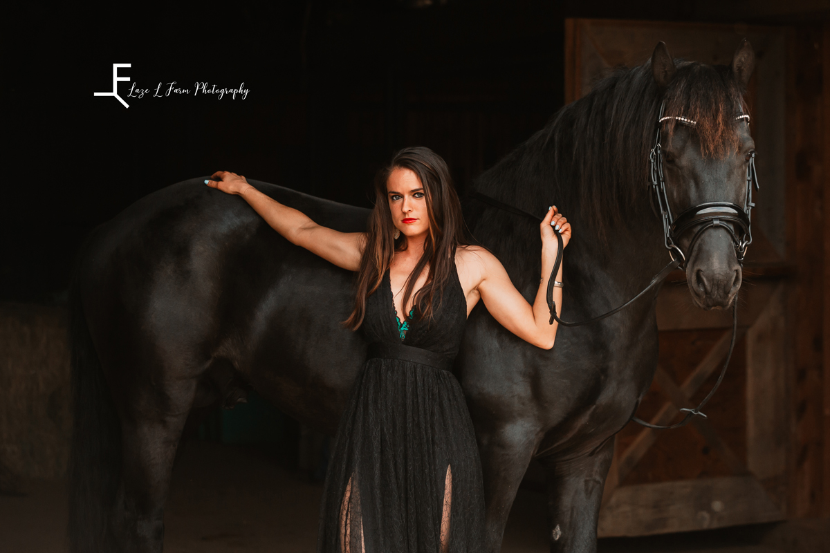 Laze L Farm Photography | Equine Photoshoot | Hamptonville NC | posing draping her arm across the horse