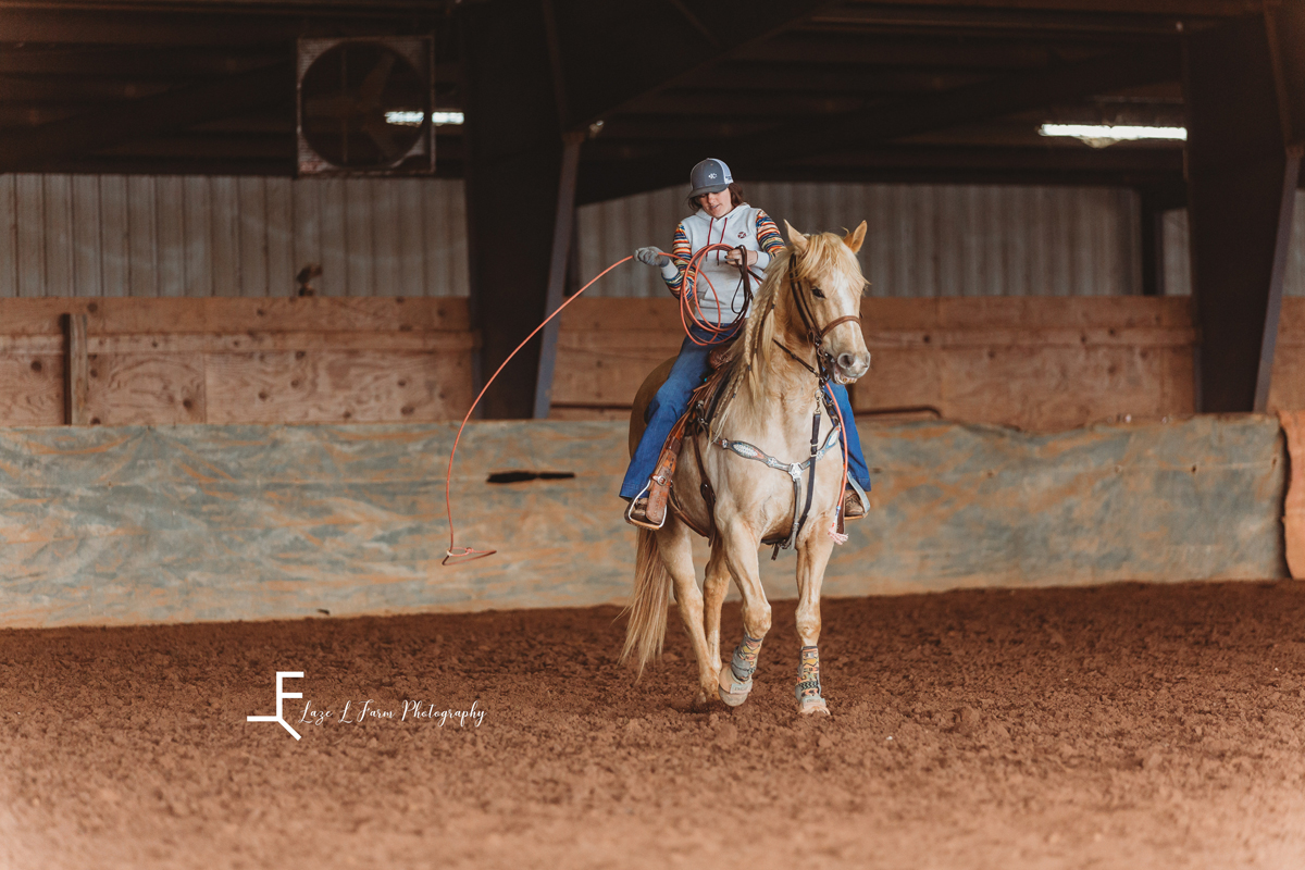 Laze L Farm Photography | Team Roping | H+H Arena | horse and rider at arena roping competition
