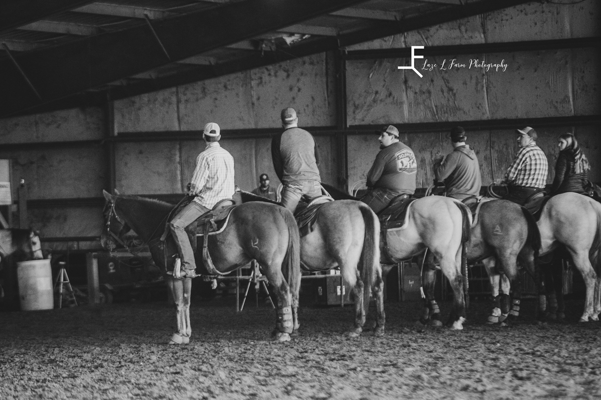 Laze L Farm Photography | Team Roping | H+H Arena | black and white of horses lined up for arena roping 