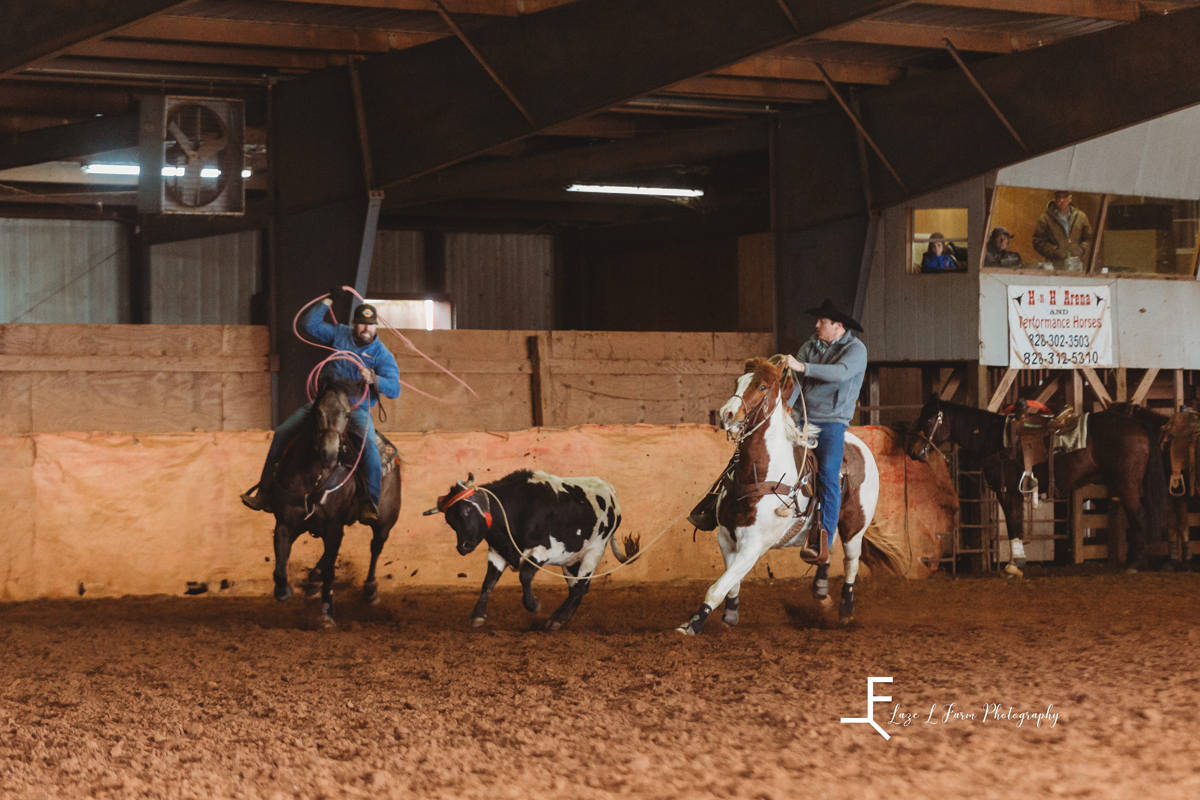 Laze L Farm Photography | Team Roping | H+H Arena | action shot arena team roping