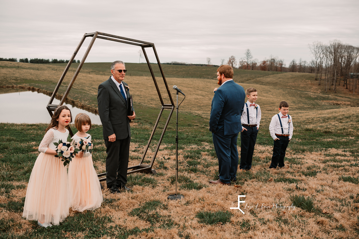 Laze L Farm Photography | Wedding | The Emerald Hill - Hiddenite NC | groom waiting at the alter