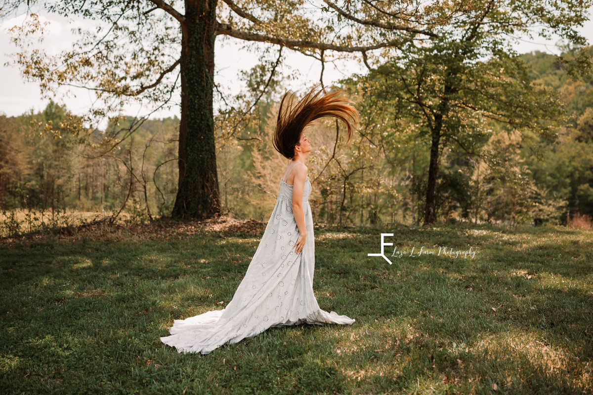 Laze L Farm Photography | Fairytale Dress Photoshoot | Taylorsville NC | flipping her hair