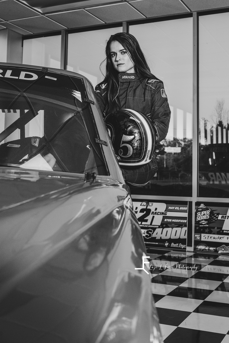 Laze L Farm Photography | NASCAR Photoshoot | Statesville NC | black and white leaning out the window