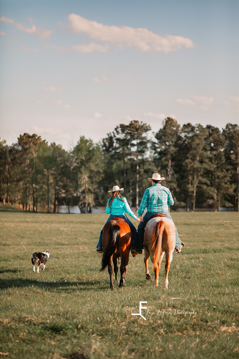 Laze L Farm Photography | Western Engagement Photoshoot | Cowpens SC | riding away with the dog