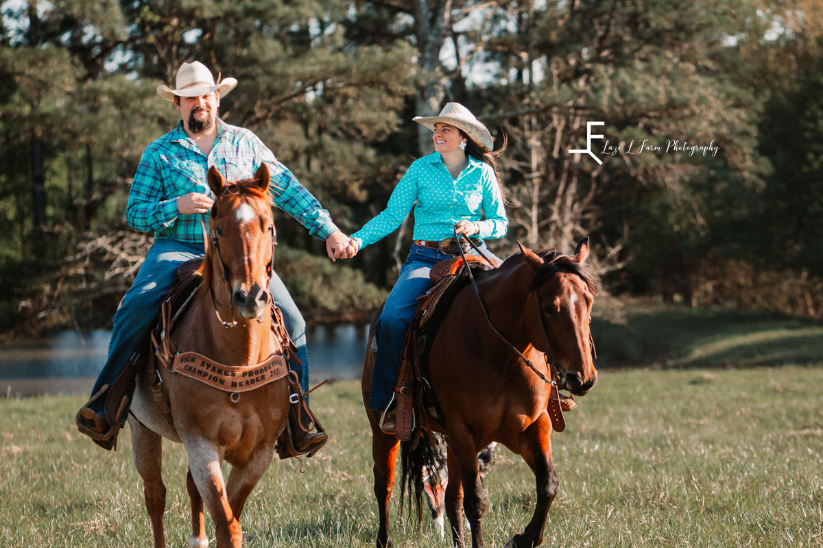 Laze L Farm Photography | Western Engagement Photoshoot | Cowpens SC | riding towards the camera