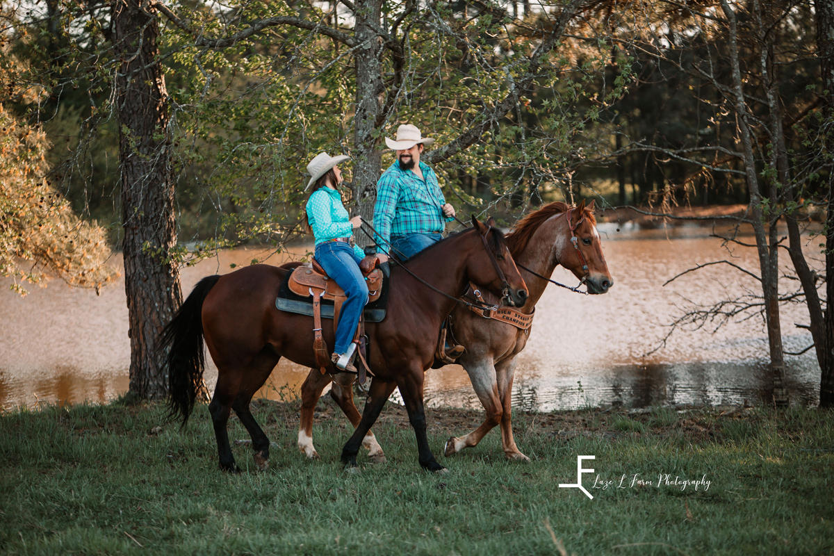 Laze L Farm Photography | Western Engagement Photoshoot | Cowpens SC | riding by the lake