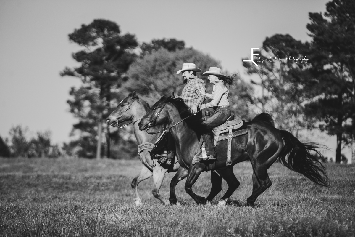 Laze L Farm Photography | Western Engagement Photoshoot | Cowpens SC | black and white riding the horses