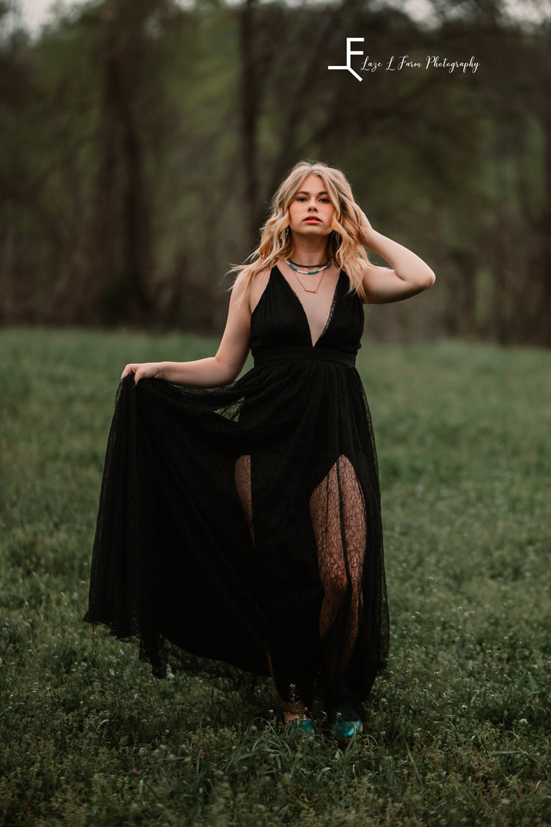 Laze L Farm Photography | Western Fashion Photoshoot | Taylorsville NC | playing with flowy dress