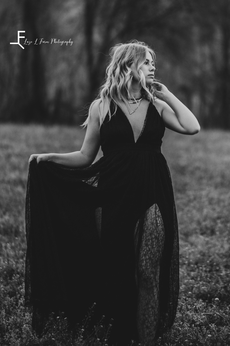 Laze L Farm Photography | Western Fashion Photoshoot | Taylorsville NC | black and white modeling flowy dress