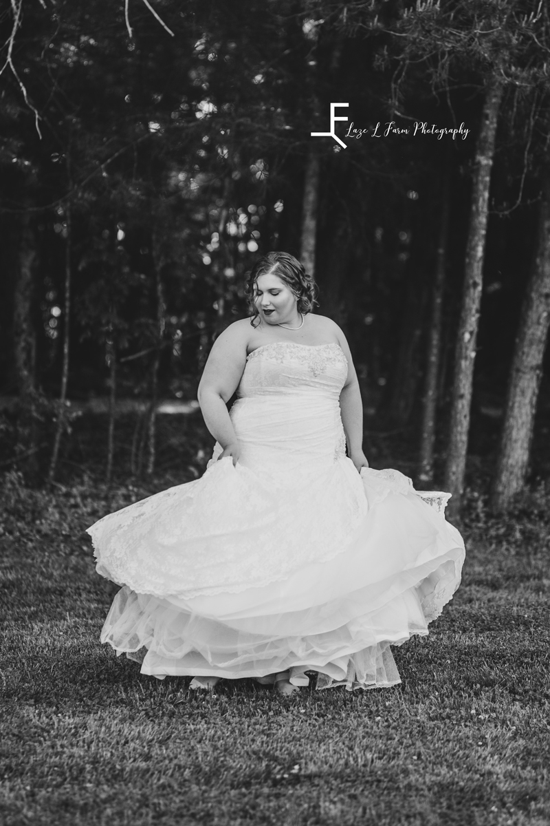 Laze L Farm Photography | Bridal Session | Amity Creek Farms - Dudley Shoals NC | black and white twirling the dress