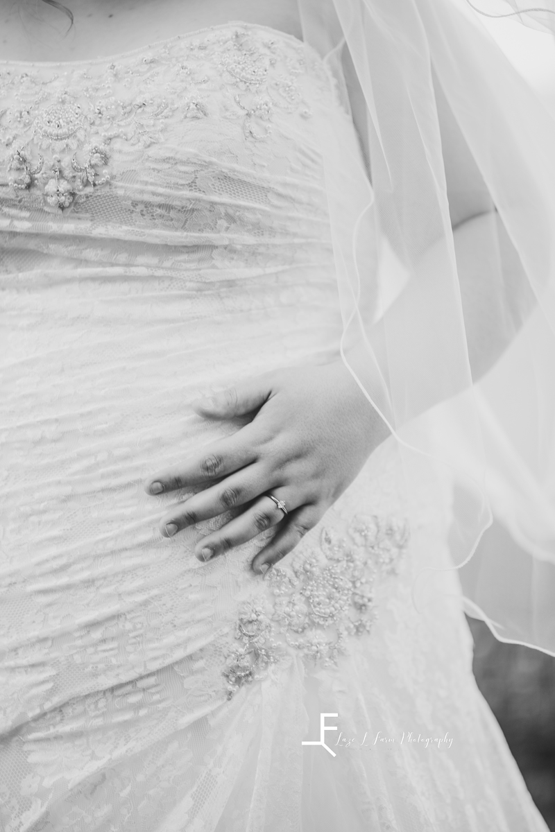 Laze L Farm Photography | Bridal Session | Amity Creek Farms - Dudley Shoals NC | black and white detail shot of dress and ring