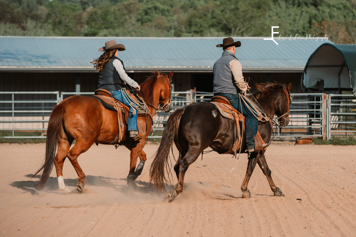 Laze L Farm Photography | Cowboy + Cowgirl Photoshoot | Dudley Shoals NC | couple riding horses together in their arena