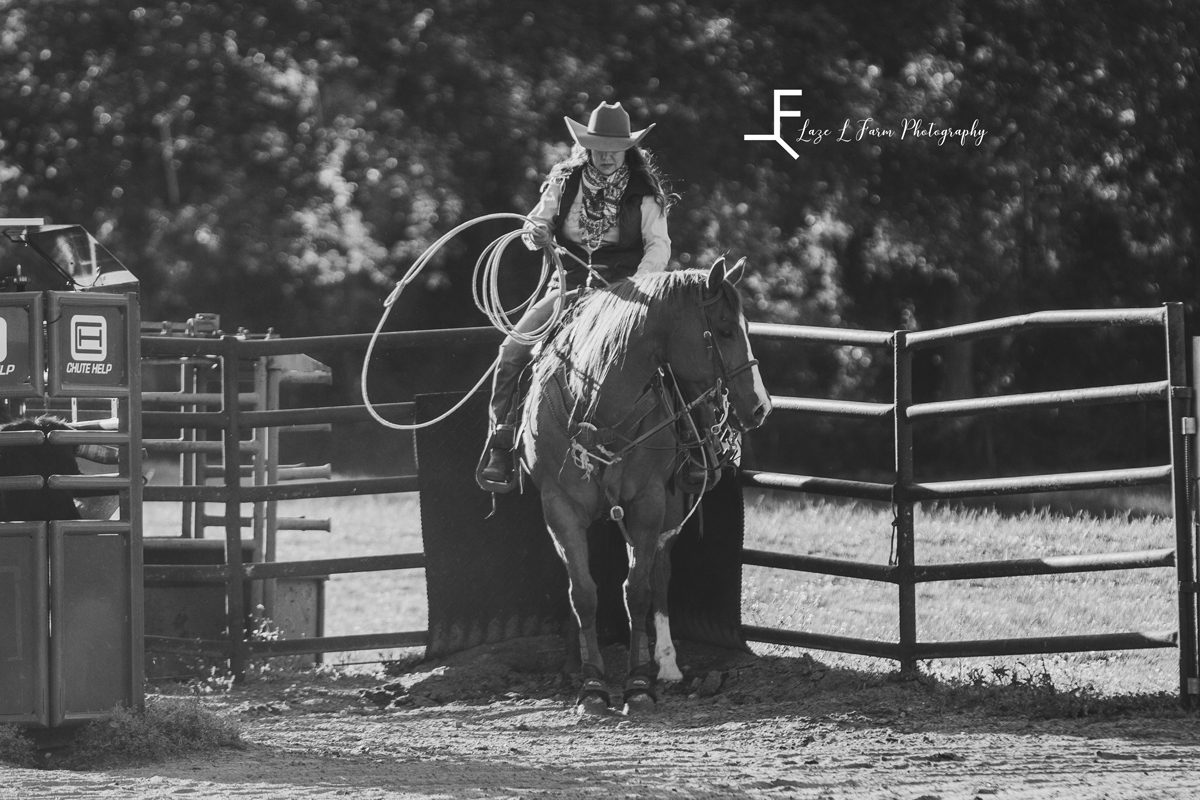 Laze L Farm Photography | Cowboy + Cowgirl Photoshoot | Dudley Shoals NC | black and white of cowgirl roping