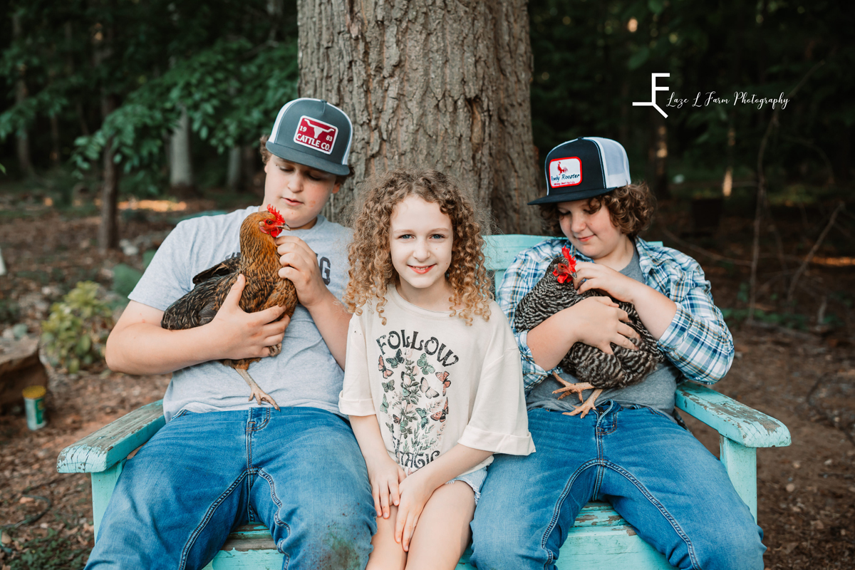 Laze L Farm Photography | Farm Session | Lincolnton NC | posed boys holding chickens with little sister