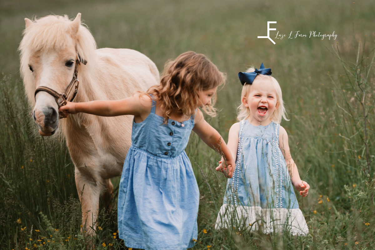 Laze L Farm Photography | Family Photographer | Taylorsville NC | daughters playing with pony