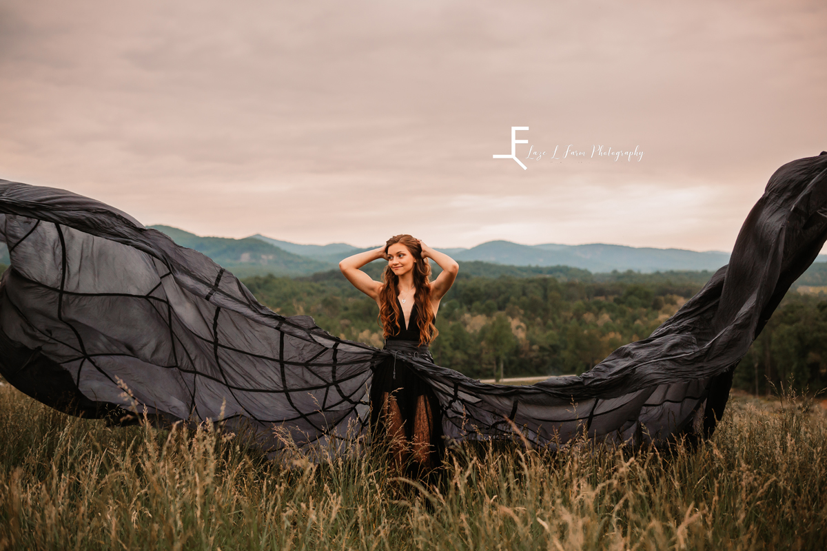 Laze L Farm Photography | Parachute Dress | Taylor Made Farms - Taylorsville NC | posed with arms up, throwing the parachute dress