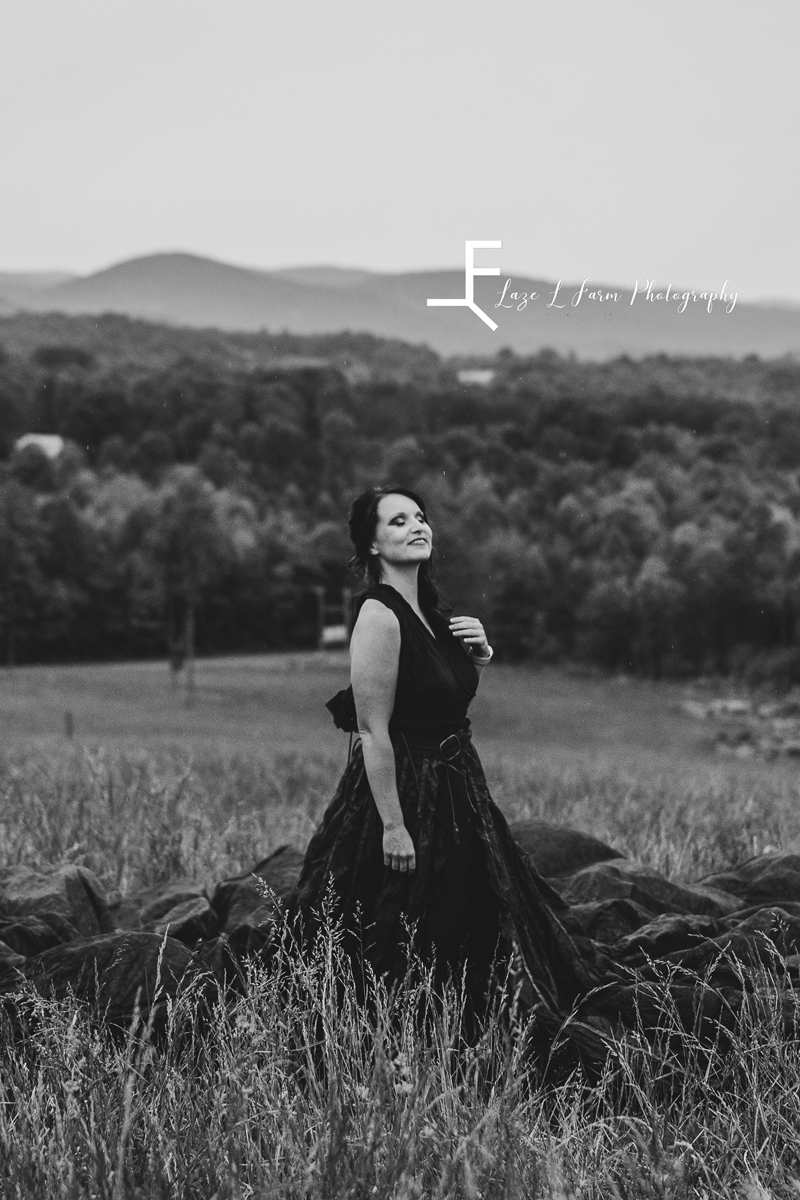 Laze L Farm Photography | Parachute Dress | Taylor Made Farms - Taylorsville NC | black and white posing in a field