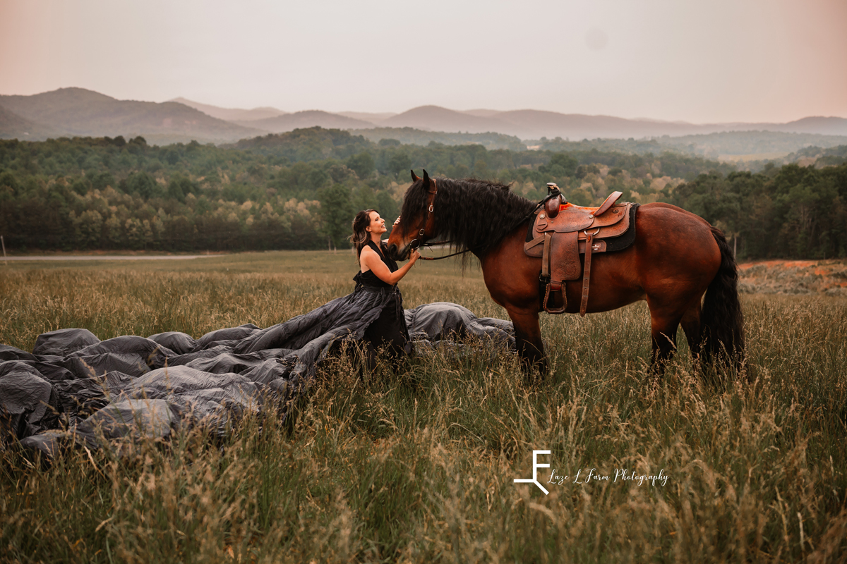Laze L Farm Photography | Parachute Dress | Taylor Made Farms - Taylorsville NC | in a field petting a horse