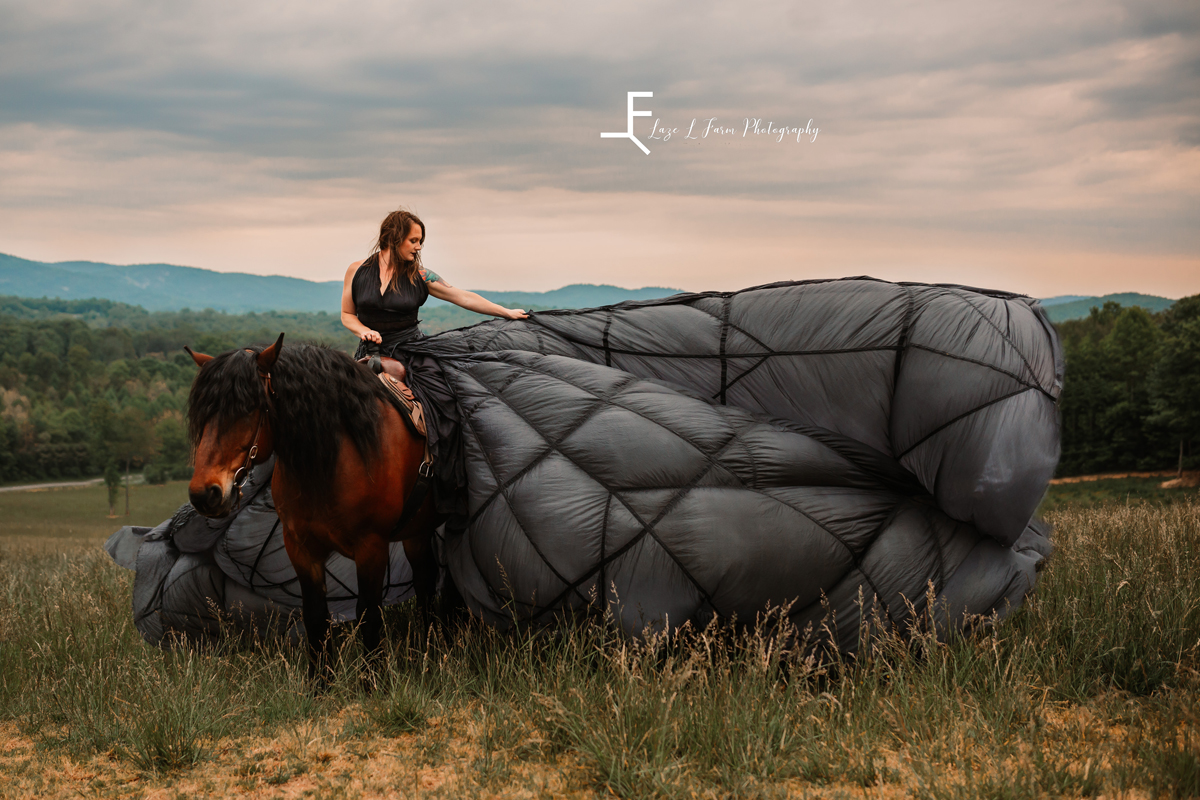 Laze L Farm Photography | Parachute Dress | Taylor Made Farms - Taylorsville NC | flying parachute dress while sitting on a horse