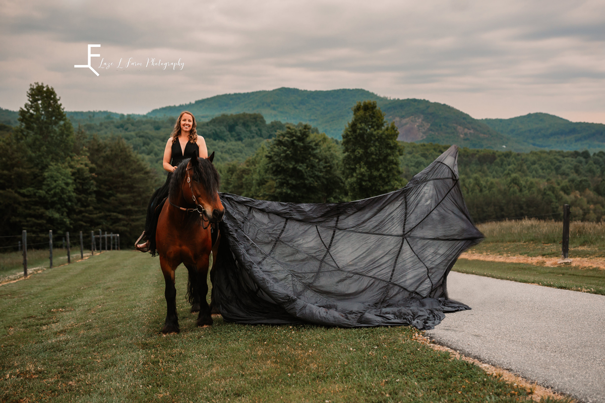 Laze L Farm Photography | Parachute Dress | Taylor Made Farms - Taylorsville NC | riding horse while wearing parachute dress