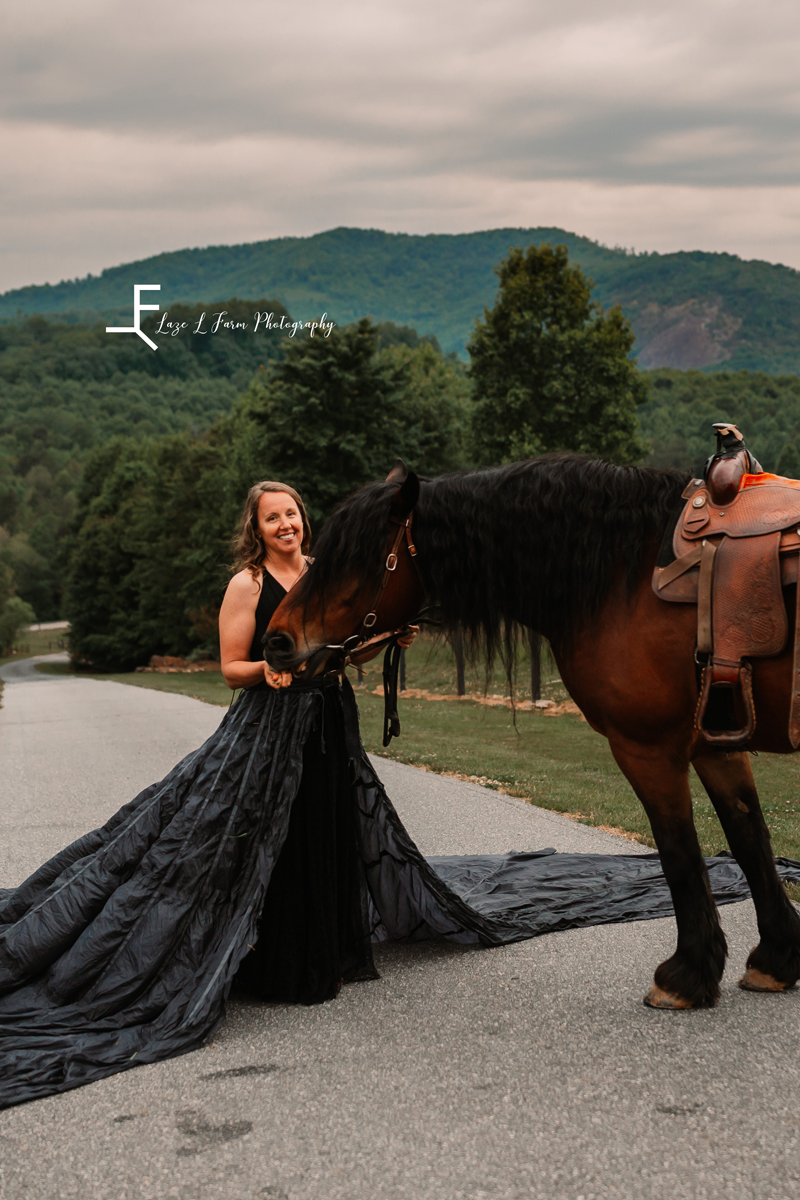 Laze L Farm Photography | Parachute Dress | Taylor Made Farms - Taylorsville NC | petting horse standing in the road