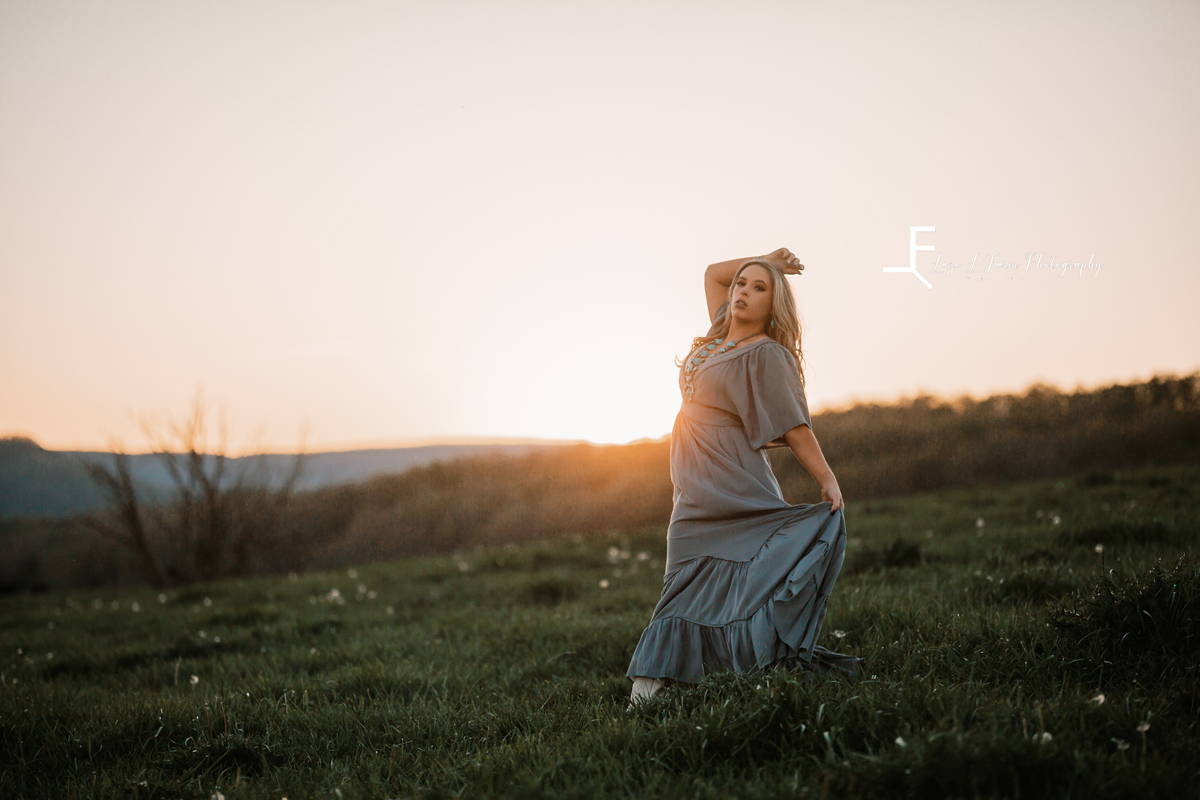 Laze L Farm Photography | Western Lifestyle Photoshoot | Wytheville Va | posing dress out in the field at sunset