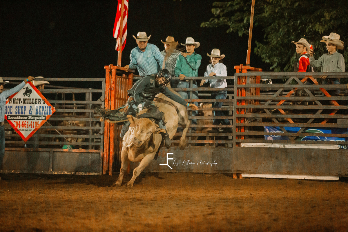 bull riding with cowboy leaning over