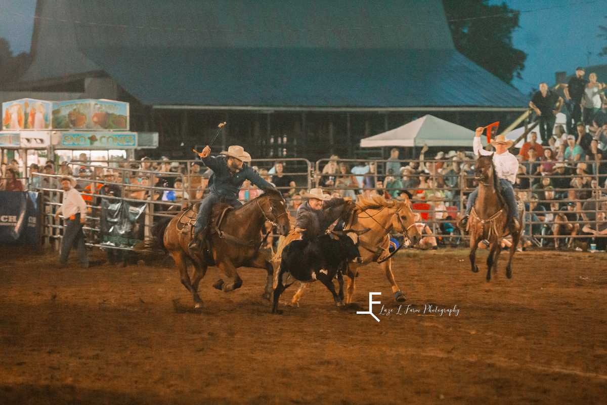 Steer wrestling with cowboy on steer