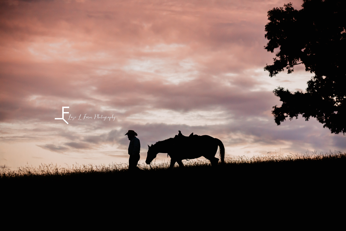 Laze L Farm Photography | Cowboy Couple | Taylorsville NC | silhouette of man with horse