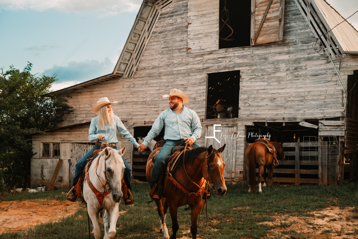 Laze L Farm Photography | Cowboy Couple | Taylorsville NC | couple holding hands while riding horses