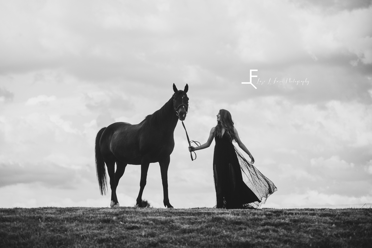 Laze L Farm Photography | Farm Session | Waxhaw NC | daughter wearing client closet dress standing with horse