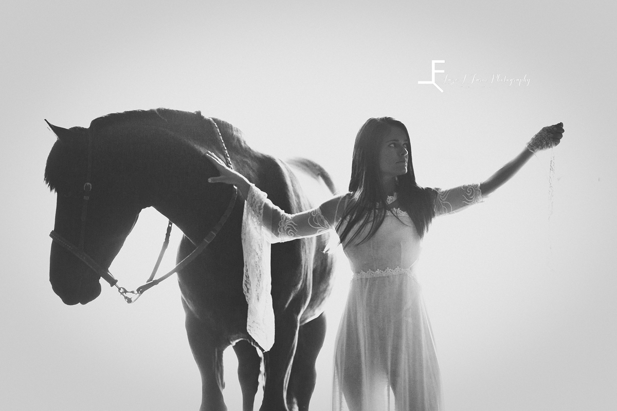 Laze L Farm Photography | Magical Equine Photoshoot | Hamptonville NC | black and white, white dress