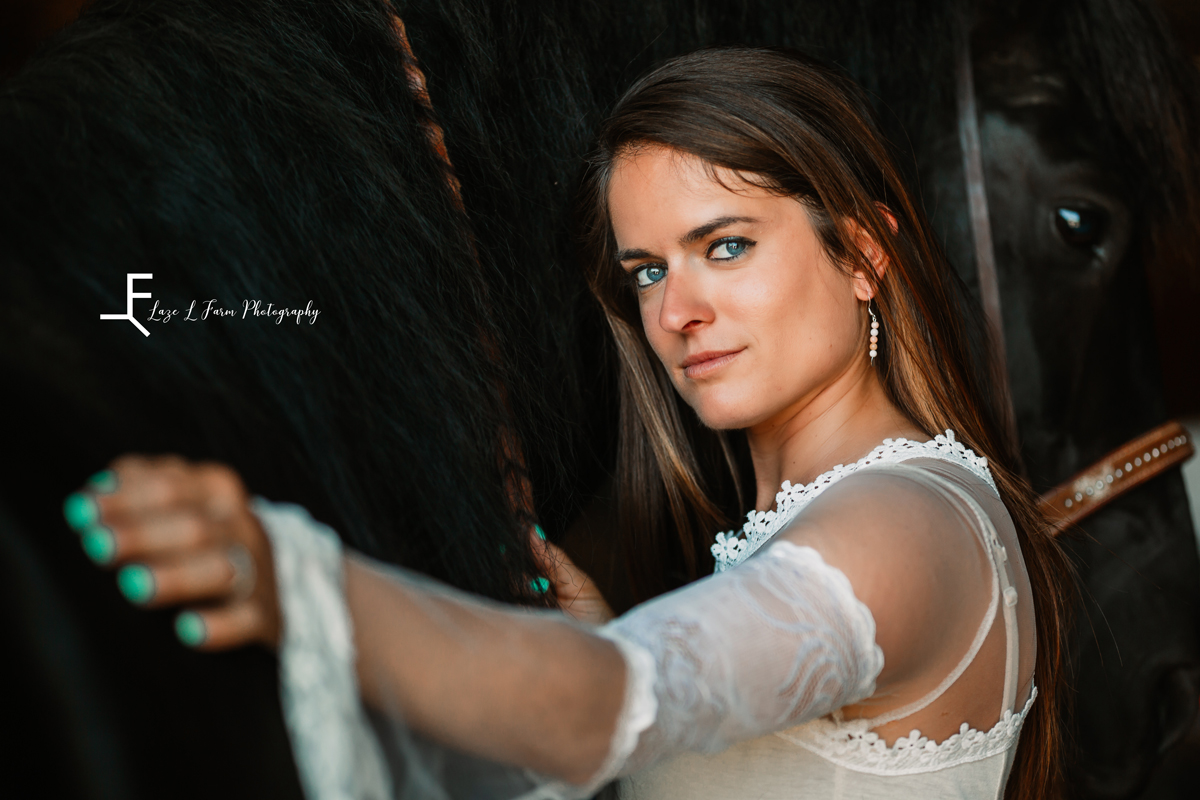 Laze L Farm Photography | Magical Equine Photoshoot | Hamptonville NC | up close of danielle standing with horse