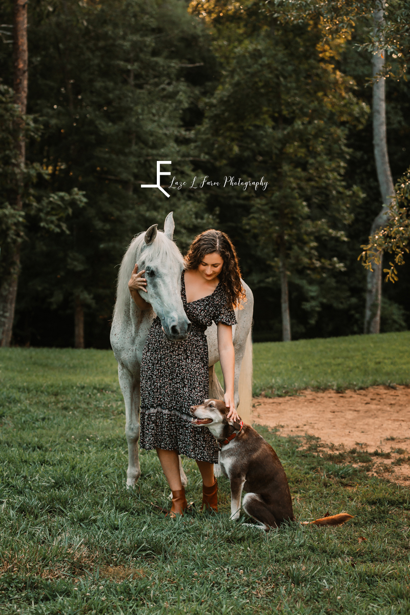 gray horse with dog and girl in sundress petting dog