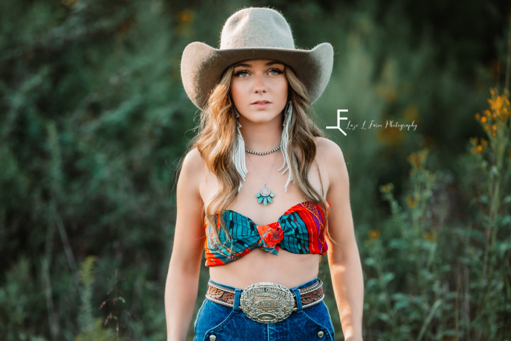 cowgirl with wildrag bandeau top in tan hat