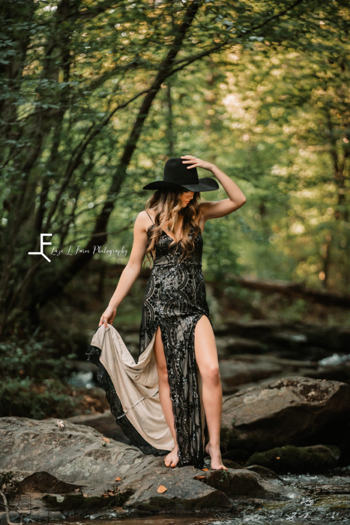 cowgirl in black formal dress