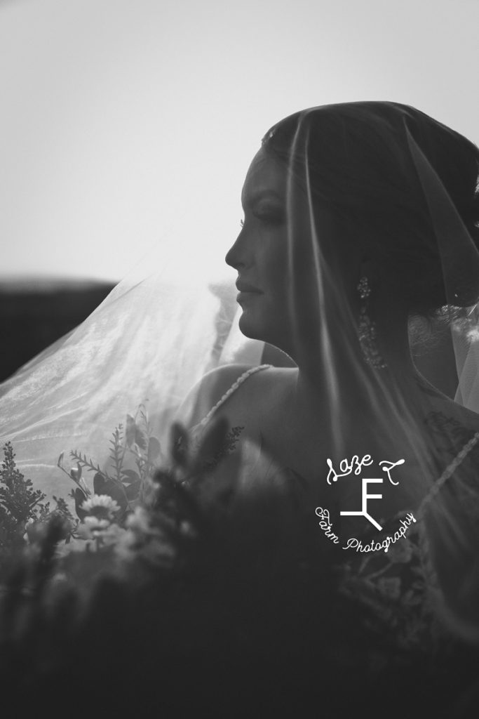 bride under veil in black and white
