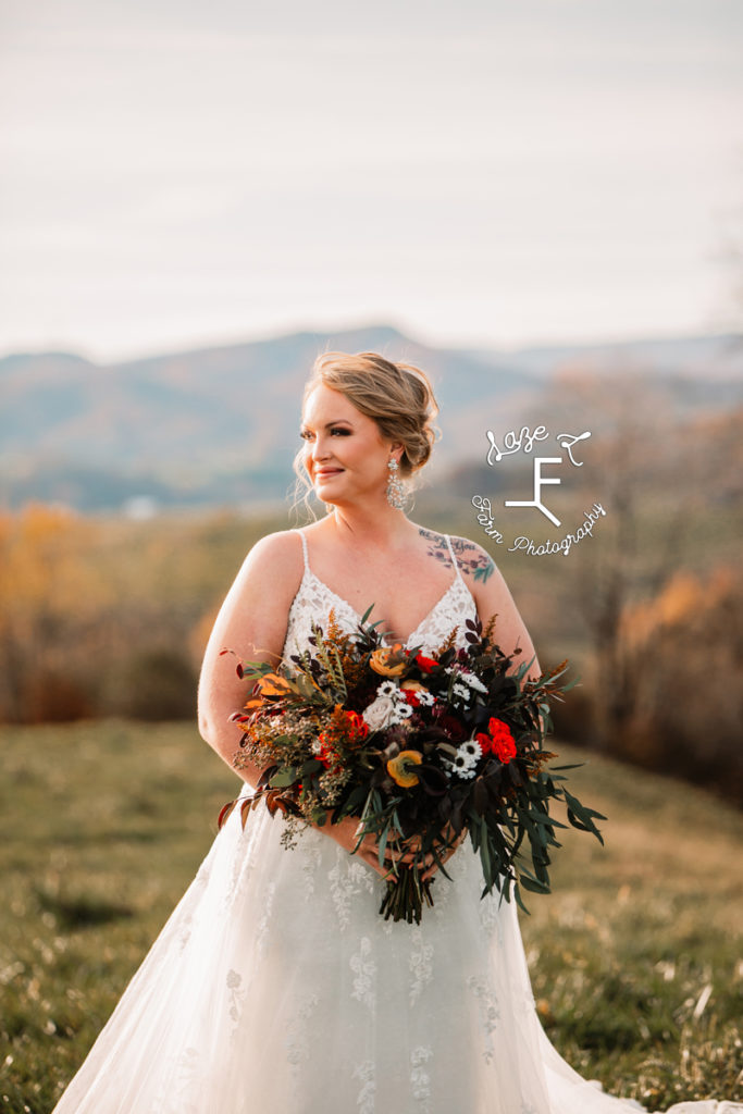 bride looking left with mountains in background