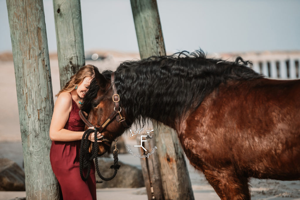 girl in burgundy dress loving shire horse