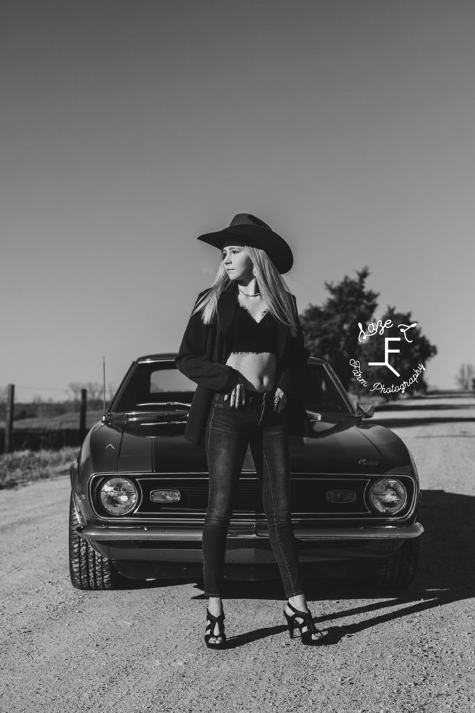 Mustang SS and cowgirl in Black and white