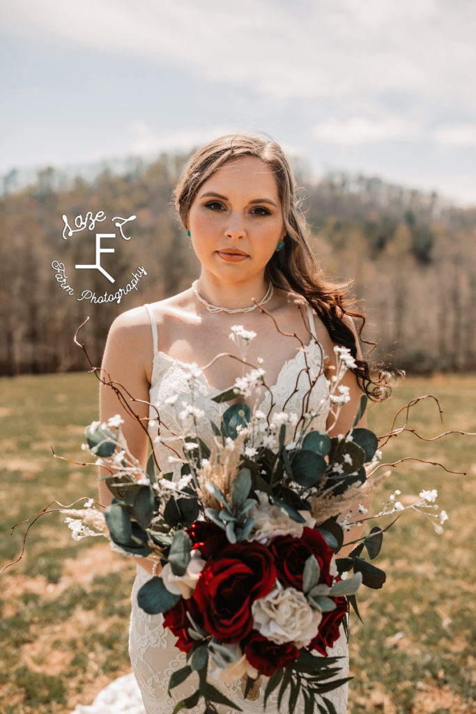 close up with bride and flowers