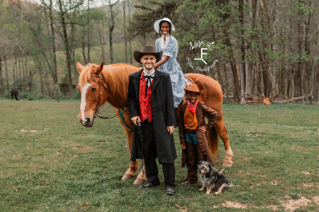 old fashioned western family with dog mom riding a horse