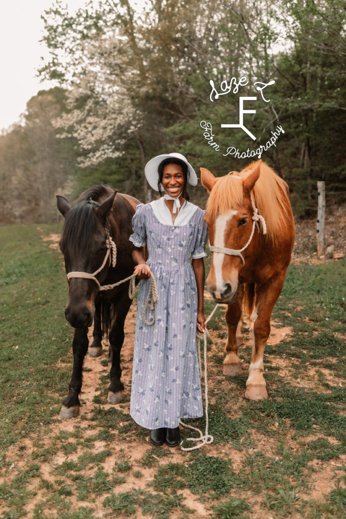 old fashioned homestead woman with 2 horses