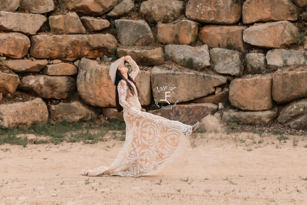 cowgirl kicking in lace wedding dress