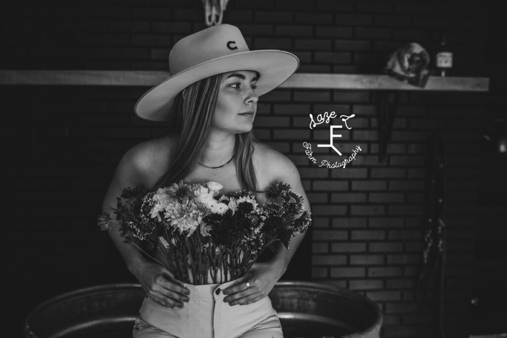 cowgirl with flower pants in black and white